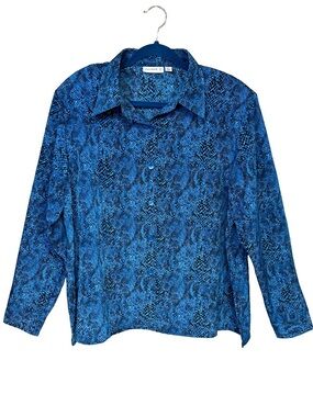 Vintage Susan Graver Blue Snakeskin Print Lightweight Button Up Blouse XL